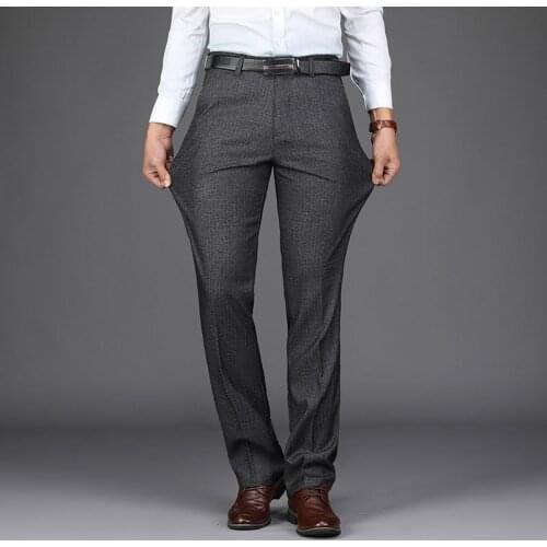 Plaid Dress Pants Men Stretch Grey Classic Loose Straight Formal Office Trousers Business Size 38 40 Suit Pant