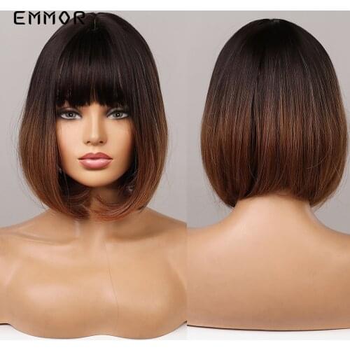Emmor Short Straight Bob Synthetic Wigs with Bangs Natural Black to Brown Ombre Hair Wigs For Women Cosplay Heat Resistant Wigs