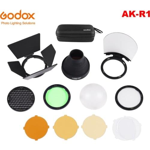 Godox AK-R1 Accessories Kit for Godox AD200 H200R Round Flash Head w/ Barn Door Snoot Color Filter Reflector Honeycomb Diffuser