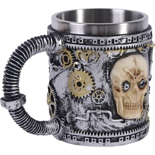 Hot Retro Horn Skull Resin Beer Mug Stainless Steel Skull Knight Tankard Halloween Coffee Cup Viking Tea Mug Pub Bar Decoration