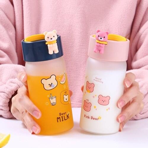 Cute Water Bottle Cartoon Bear Pattern Creative Fun Mini Frosted Glass Children Home Office Portable Drinking Cup for Adult