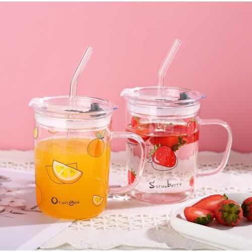 Cute Fruit Printed Glass Mug Cup Heat-resistant Milk Juice Glass Water Cup with Straw Beer Coffee Cup Whiskey Lemon Tea Mugs