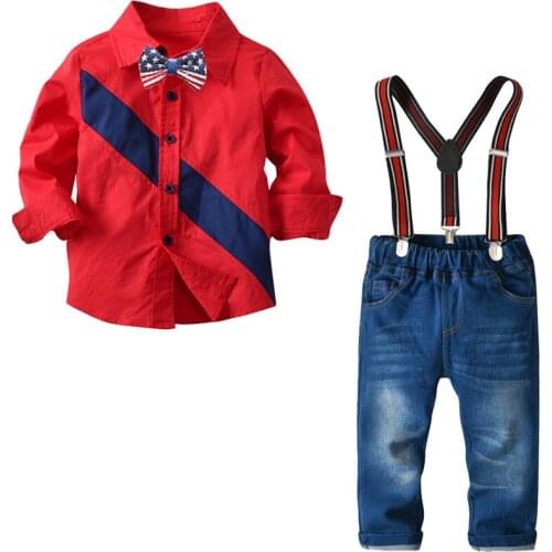 Fashion baby boys clothing set autumn gentleman 2pcs sets cotton bow tie t-shirt+cowboy pants toddler boys cothes suits