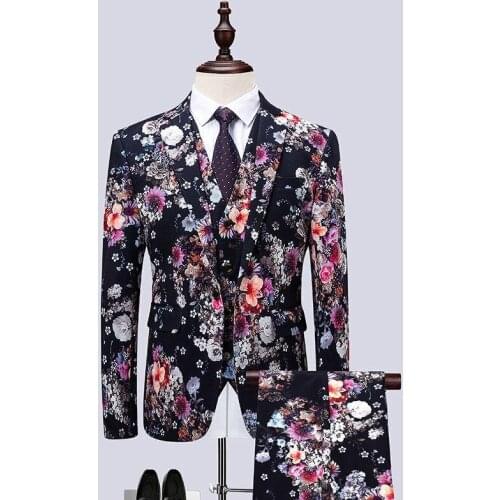 Newest Flower Print Slim Wedding groom Tuxedo Suit Fashion High Quality Singer Stage costume designer Men Suit（suit+vest+pants