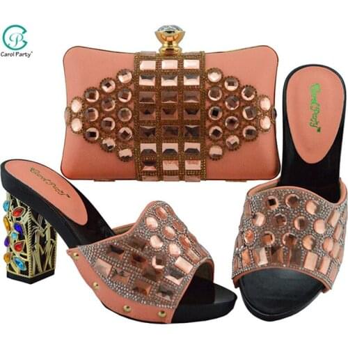 New Arrival High Heel Italian design Ladies Shoes with Matching Bags African Nigerian Women Wedding Shoes and Bag in Peach Color