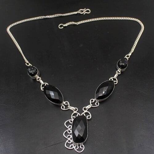 Faceted Unique BlackOnyx Snowflake Obsidian Silver Color Women Necklace Chain 19 Inch HD211
