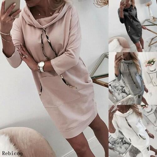 Casual Lady Winter Sweatshirt Dress with Hood Solid Hoodie Dress Autumn Women Female Pocket Print Long Sleeve Dresses