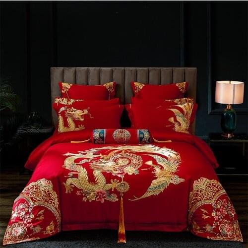 Luxury 100S Egyptian Cotton Gold Phoenix Loong Embroidery Chinese Wedding Bedding Set Duvet Cover Bed sheet Bedspread Pillowcase
