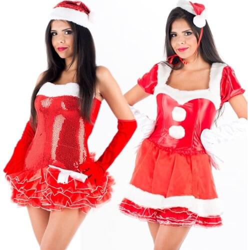 Christmas Women Red Cosplay Costumes Dress Set Cute Maid Outfits Ball Gown Sequins Mini Dresses 2 Piece Set with Hat