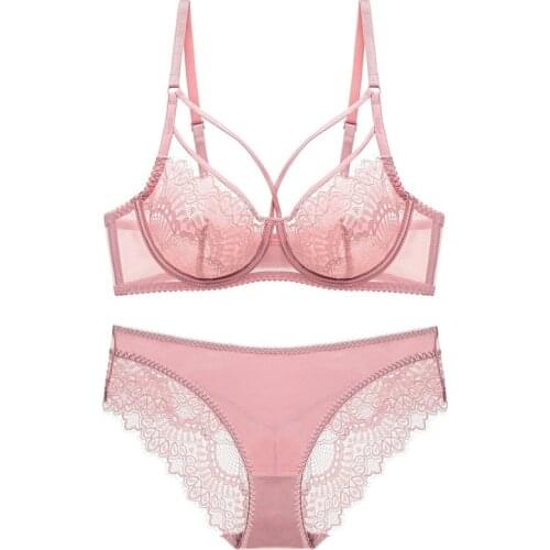 Sexy Underwear Set Pink Bras Gather Cotton Thin Brassiere Lace Embroidery Lingerie Set Women Deep V Push up Bra Sets Plus Size