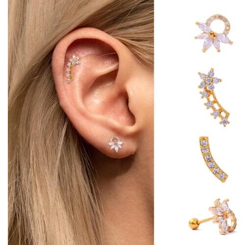 1Pc Stainless Steel Barbell Cz Cartilage Earring Moon Flower Ear Piercing Earring Helix Tragus Rook Conch Screw Back Stud
