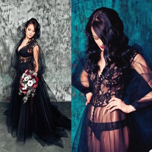 Unique Black Prom Dresses Long Sleeve Lace Appliques Robes for Photo Shoot or Baby Shower Custom Made Maternity Photoshoot Robes