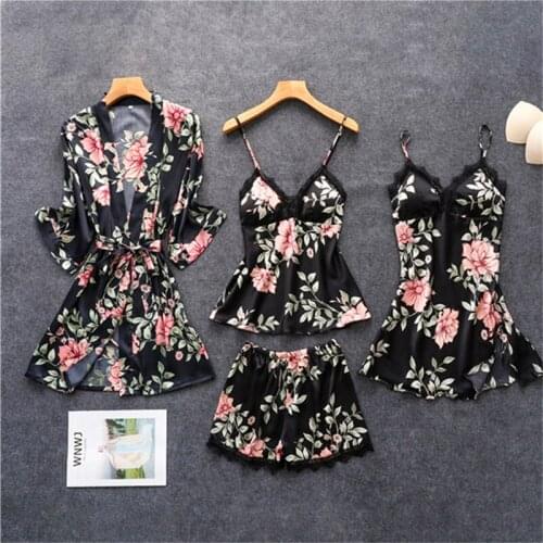 2021 Spring Autumn Women Silk Pajamas Sets With Chest Pads Flower Print Pijama Sleepwear 4 Pieces Spaghetti Strap Satin Pyjamas