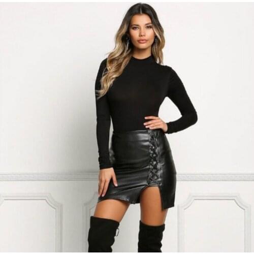 2019 Strap Bottom Split Leather Skirt High Waist Wrap Hip Skirt Knee-Length Solid Color Balck PU Leather Skirt Cool and Sexy 5xl