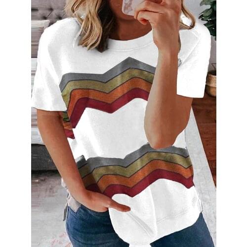 T Shirt Femme Summer Geometric Printed O-Neck Short-Sleeved Tee Shirt Fashion Casual Loose Soft And Comfortable Women Clothing