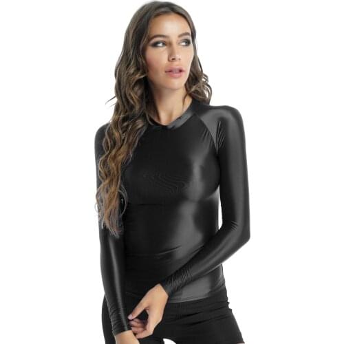 Women Fitness Clothing Glossy O Neck Long Sleeve Crop Top T-shirt Solid Color Slim Fit Breathable Tops Yoga Workout Sportwear