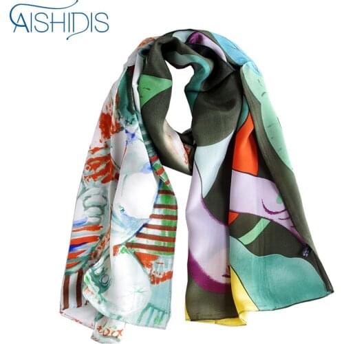 Clear out price Brand Women 100% Silk Crepe Shawls & Wraps Cool Ring Scarfs Fashion Long Scarf Famous Oil Painting Printed