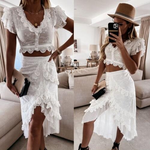 White irregular skirts women embroidery lace shirt skirt set for women summer button ruffle top and long skirt Solid new