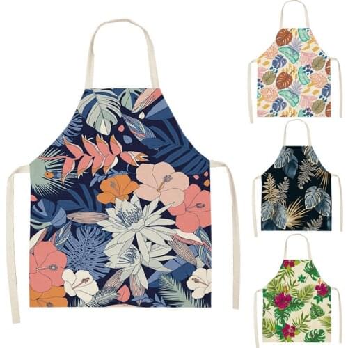 Flower Leaves Printed Sleeveless Aprons Kitchen Women Cotton Linen Pinafore Home Cooking Baking Waist Bib 66x47cm