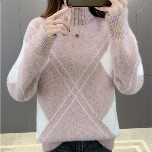 Half High Collar Mink Fleece Patchwork Sweater Women Jumper Ladies 2021 Autumn Winter Thick Short Long Sleeve Pullovers Female