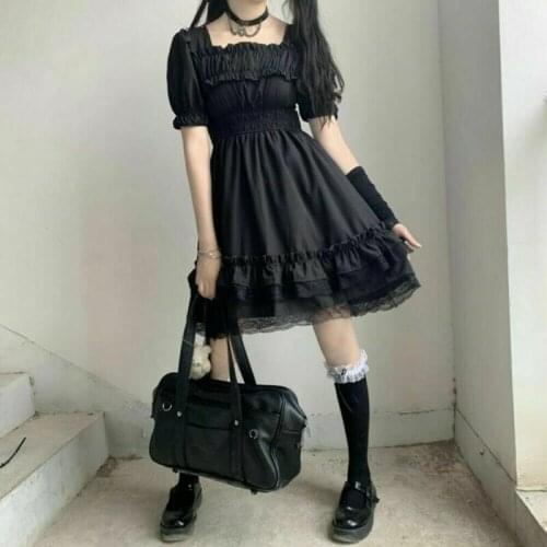Women Gothic Dress Lolita Lady Cute Black Puff Sleeve Retro Girl Cosplay Ruffle Long Sleeve Square Collar Dress Trend