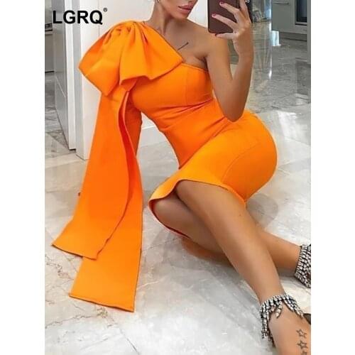 [LGRQ] Blue Bow Backless Elasticity Slim Dress New Arrival Diagonal Neck Sleeveless Fit Fashion Tide Autumn Winter 2021 19D2823