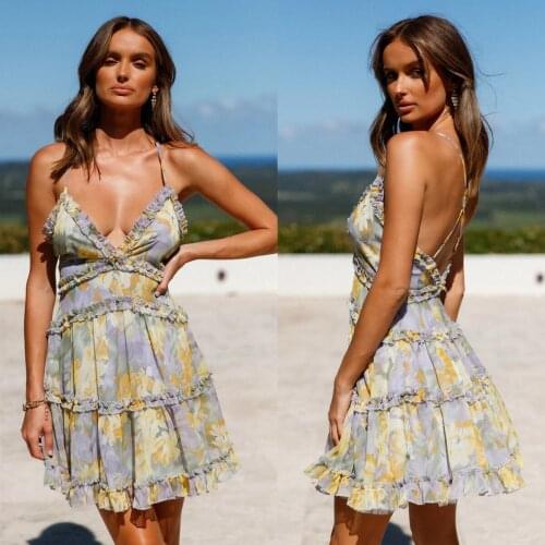 New Women Summer Beach Dress Adults Sleeveless Flower Print V-Neck Cross Spaghetti Strap Ruffle Light Yellow Pink Comfortable