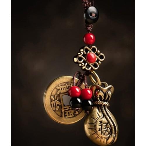 2PCS Handmade Rope Lucky Feng Shui Hanging Vintage Brass Money Bag Keychain