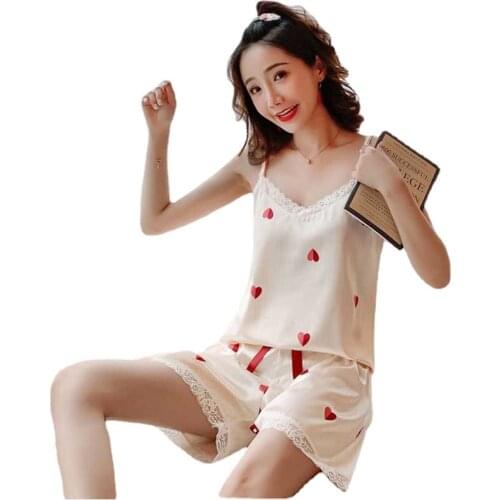 2711-b11Womens Two-Piece Pajamas Shorts With Suspenders Ice Silk Suit Cute Pajamas Home Set Sexy Suspender Pajamas