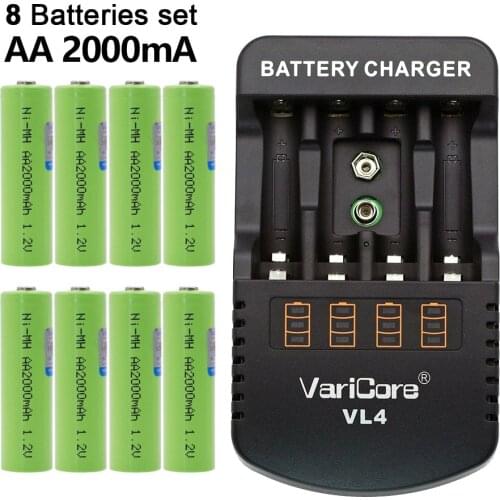 6PCS. Varicore AA 2000 mAh 1.2V NiMH batteries for remote control of robotic toys medical equipment products+VL4 battery charger