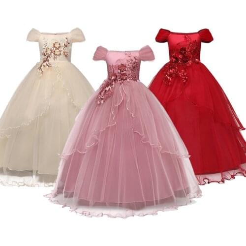 Embroidery Flower Long Dress Teen Girl Clothing School Graduation Party Prom Gown Kids Dresses for Grils Size 6 8 10 12 14 Years
