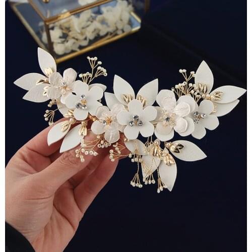 Elegan Beige Leather Leaves Brides Barrettes Hairbands Crystal Bridal Soft Headbands Wedding Hair Accessory