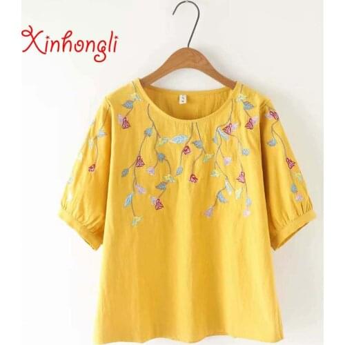 Plus size loose Embroidery women cotton t shirts 2019 summer lantern Sleeve O-neck t-shirt casual ladies tees top female tshirts