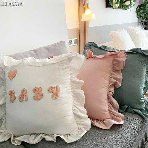 INS Girly pillow Lotus Leaf Pillowcase Solid Cushion Princess Pillow Cover Vintage White Pink Ruffle Sleep Pillow Sofa Decor