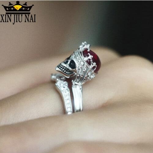Crown skull ring Punk Rock gothic Red Crystal wedding rings for women set silver ring couple bridal ring accessory jewelry