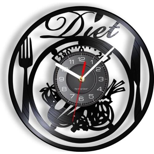 Diet Food Retro Kitchen Wall Clock Cutlery Fork Knife Laser Cut Vinyl Record Watch Decor For Nutritional Dinning Room Restaurant