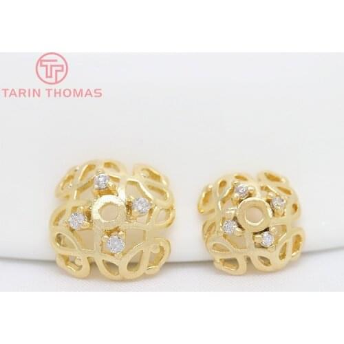 6PCS 8.5MM 10MM 24K Gold Color Brass with Zircon Bead Caps for DIY High Quality Diy Jewelry Accessories