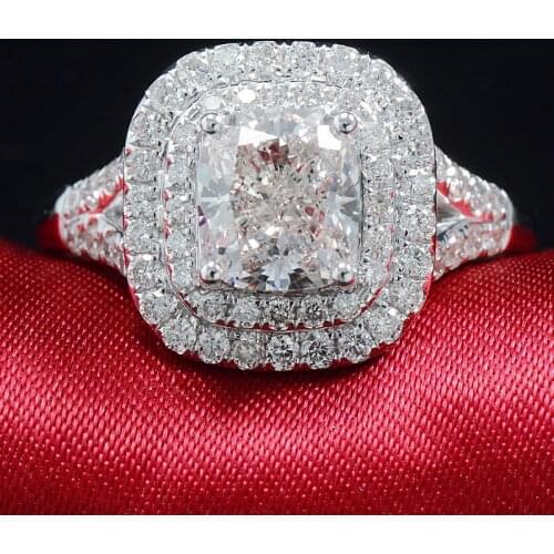 Solid 18K White Gold Engagement Bridal Settotal 2ctw Cushion Cut Halo Moissanite Ring Set for Women