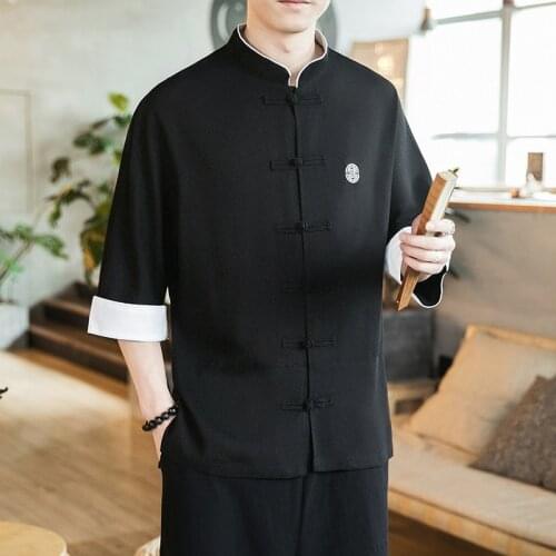 2021 New Chinese Style Mens Tops Tang Suit Linen Solid Traditional Kung Fu Clothes Hanfu Blouse Shirt 12060