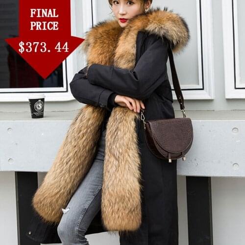 Detachable Hooded Parka Jacket Women Luxury Long Natural Raccoon Fur Collar Muskrats Fur Lining Coat