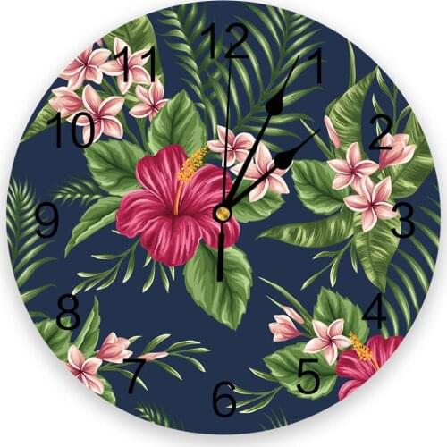 Flower Leaves Feather Hibiscus Print Wall Clock Wall Art Silent Non ticking Round Wall Watch for Home Decortaion Best Gift