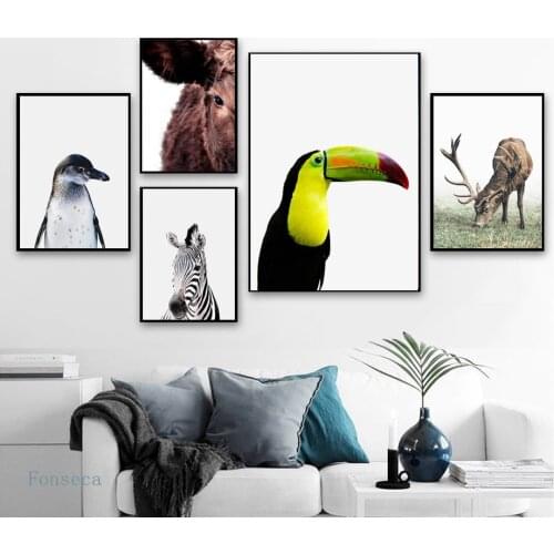 Modern Animal Posters and Print Nursery Wall Pictures for Living Room Penguin Zebra Parrot Wall Art Canvas Painting Home Decor
