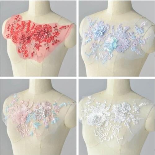 Fresh Contrast Color 3D Flower With Pearls And Rhinestones Lace Patches DIY Wedding Dress Veil Sewing Craft Material V2702