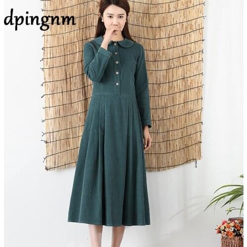 020 spring new vintage cotton corduroy dressPleated office beach dresses party dress Vestidos blue
