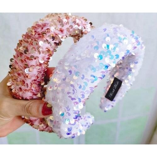 Women Girl Glitter Sequins Wide Headband Reflective Colorful Sponge Padded Hair Hoop Dance Party Styling Thick Boutique Headwear