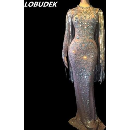 Long Sleeve Crystal Tassels Long Dress Evening Performance Fashion Show Dresses Nightclub Female Singer Concert Party Show Dress