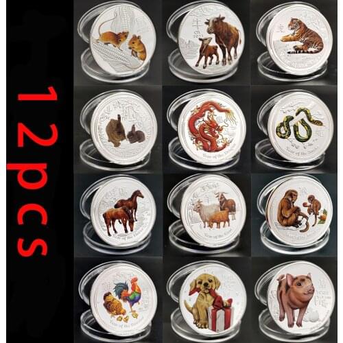 12pcs/lot Australia 1Oz 999 Fine Silver Plated Animal Coins Dragon Tiger Ox Mouse Snake Horse Elizabeth II Commemorative Coins