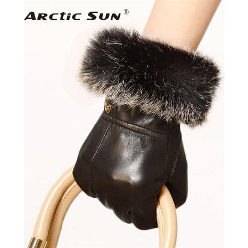 Brand Genuine Leather Gloves High Quality Women Sheepskin Gloves Fashion Trend Rabbit Hair Finger Driving Glove EL002PC