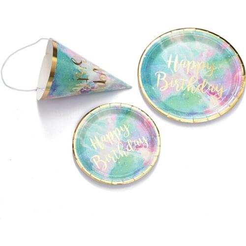 Bronzing Disposable Tableware Happy Birthday Party Supplies Paper Plate Cup Topper Mermaid Wedding Party Doceration DGU32
