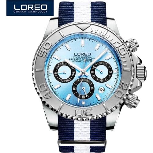 LOREO Waterproof 200M Multi-function 6-pin rotation Top Brand Silver Blue Mens Mechanical Watches Automatic Watch Men NEW